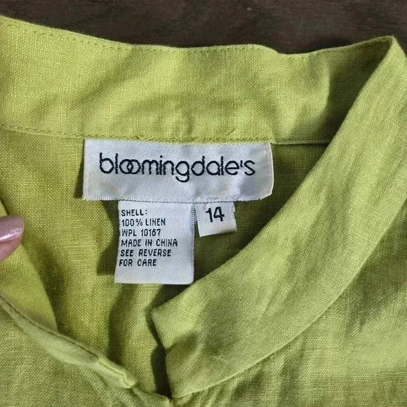 Bloomingdale 100% linen chartreuse button down shirt size 14 - Picture 5 of 10